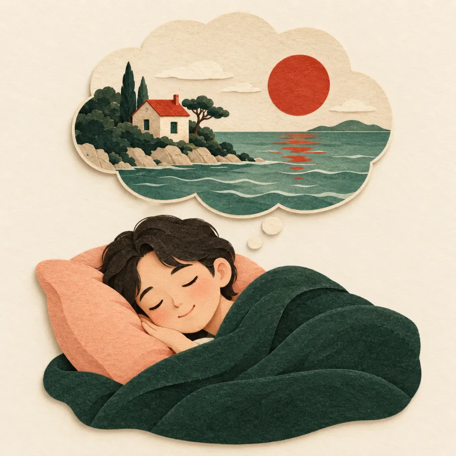 A sleeping person smiles, dreaming of a house by the sea