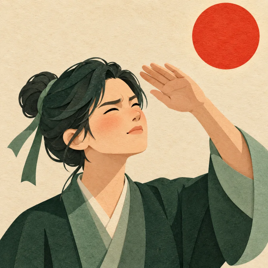 A person squints at a bright red sun, hand half raised