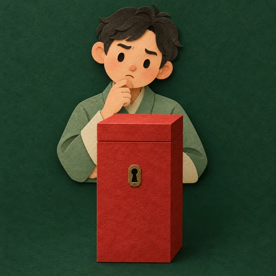 A puzzled person stands before a closed red locked box