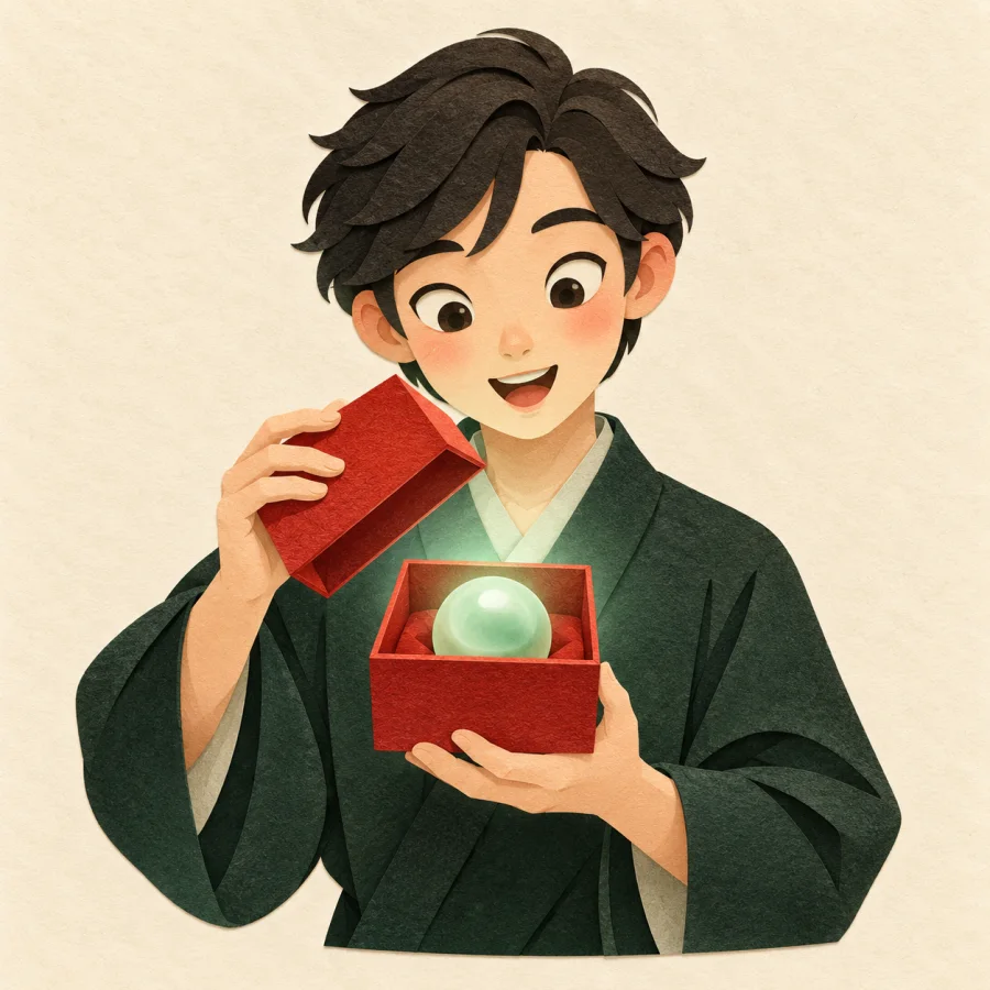 A person lifts a red box lid revealing a glowing pearl
