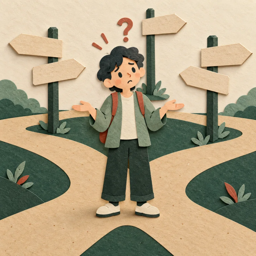 A confused person stands at a crossroads of signposts