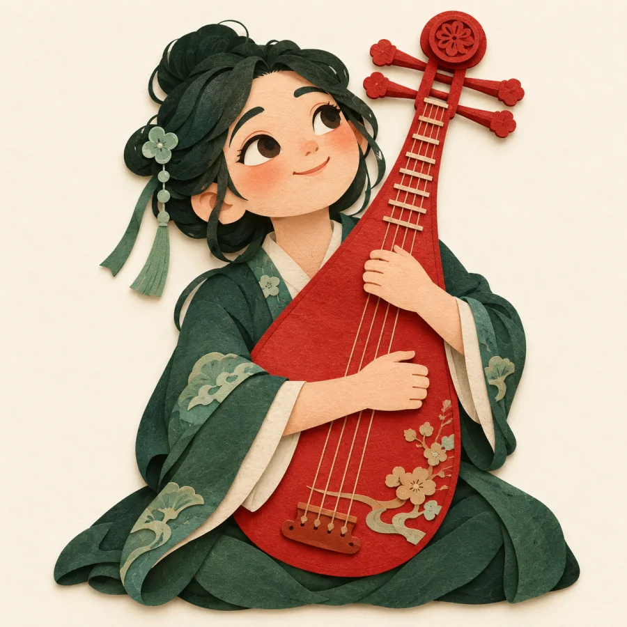 A dreamy-eyed person hugs a large red instrument tightly