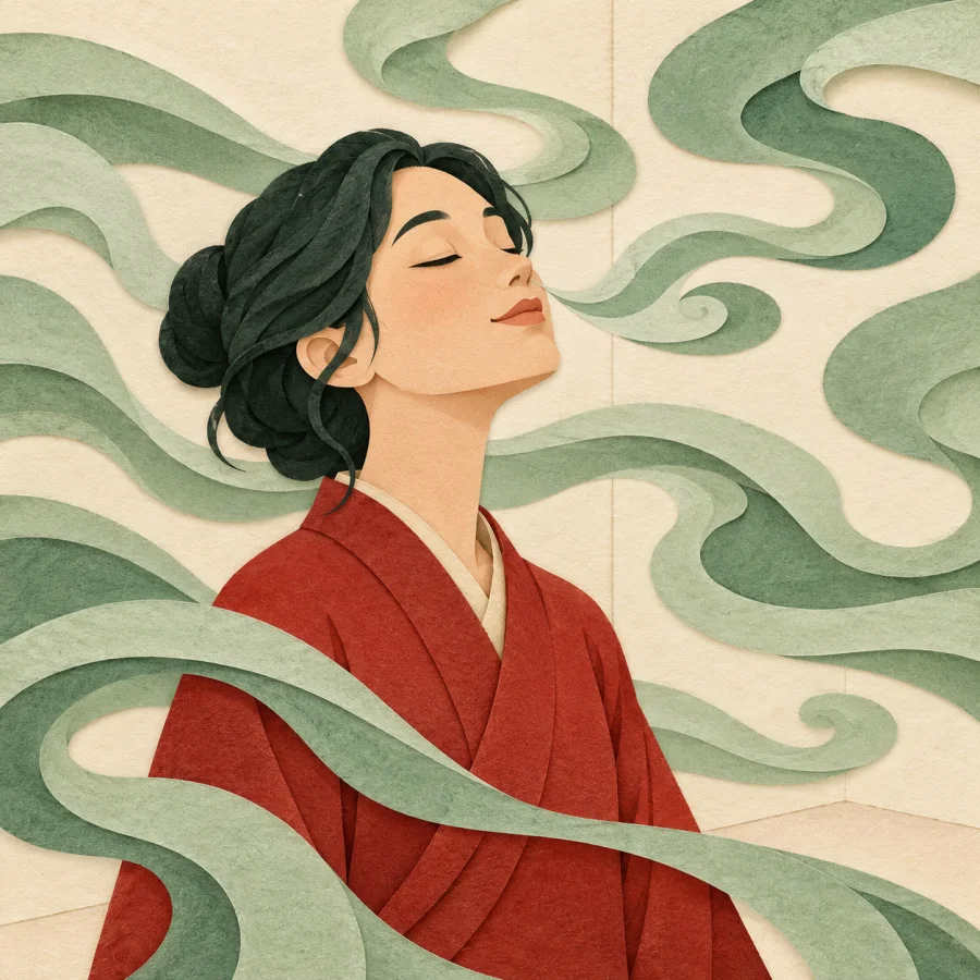 A person with closed eyes inhales swirls of green smoke