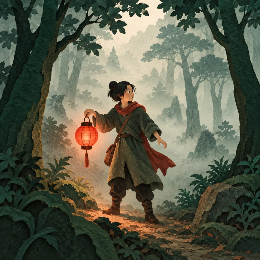 A person with a lantern looks around in a foggy forest