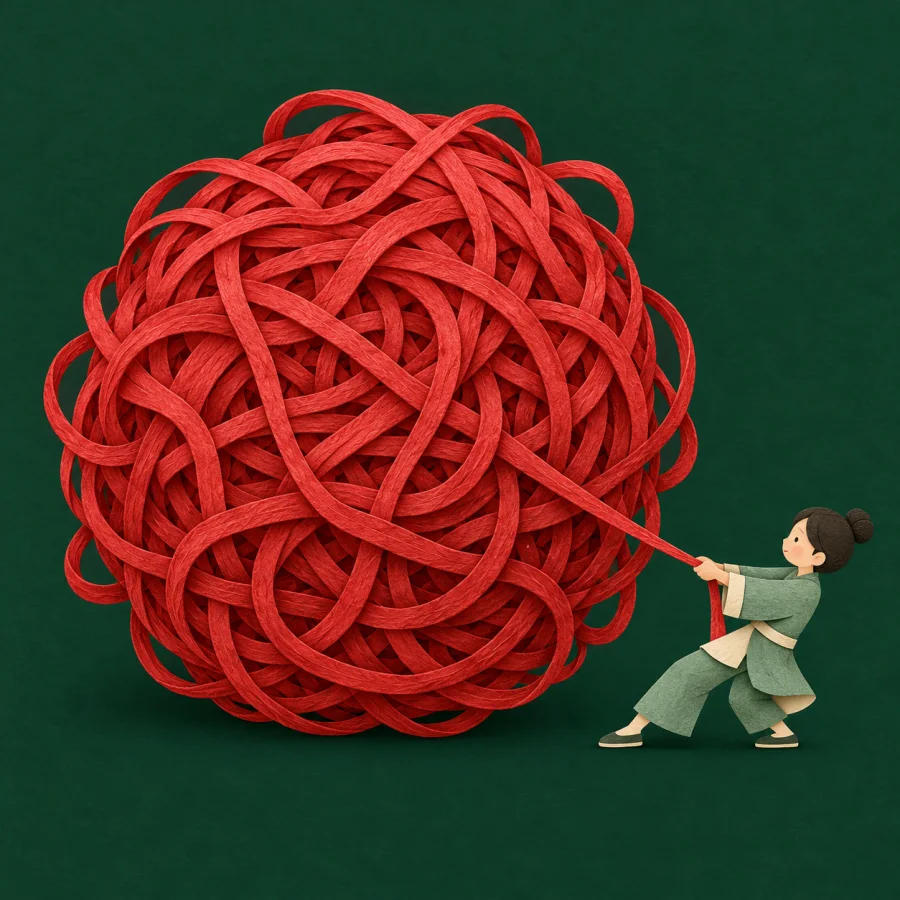 A small person pulls the end of a huge tangled red ball