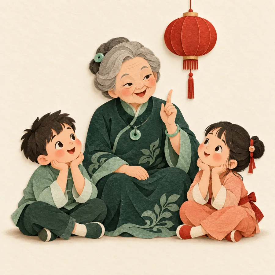 A grandparent with a sly smile tells two children a riddle