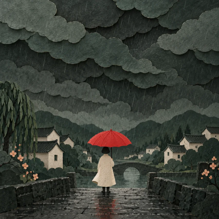 A sky full of dark clouds over a village, a red umbrella below