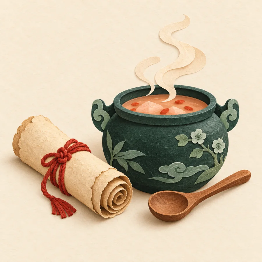 An old scroll with a red cord beside a pot of soup