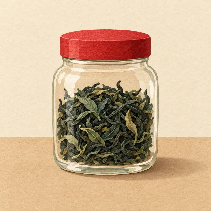 A glass jar of tea tightly closed with a red lid
