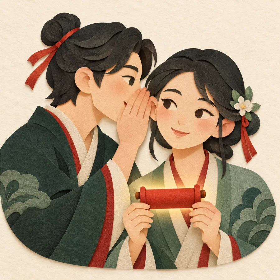 One person whispers to another, a glowing scroll between them