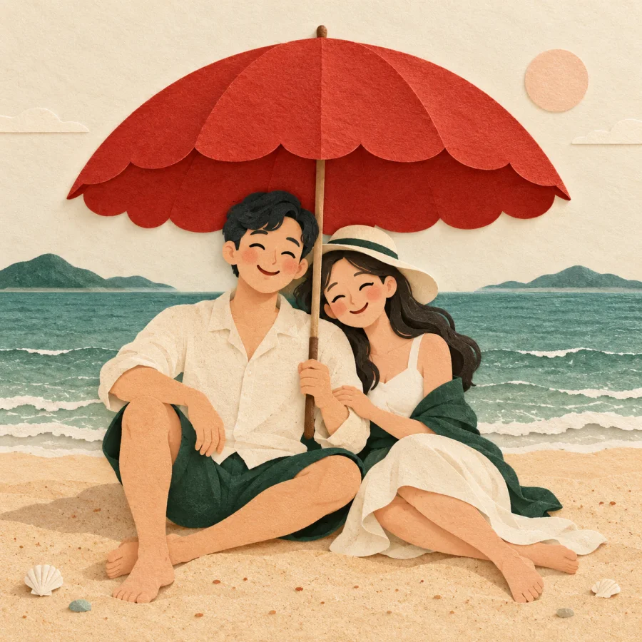 A couple under a red umbrella on a sandy beach by a calm sea