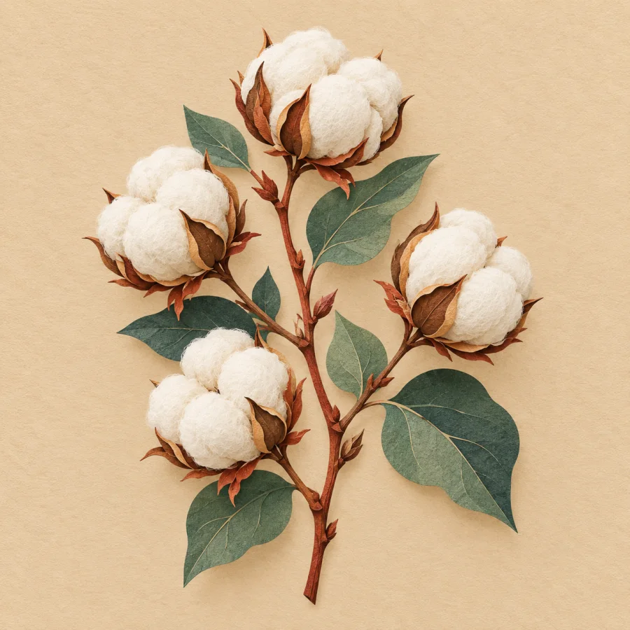 A cotton branch with fluffy white open bolls