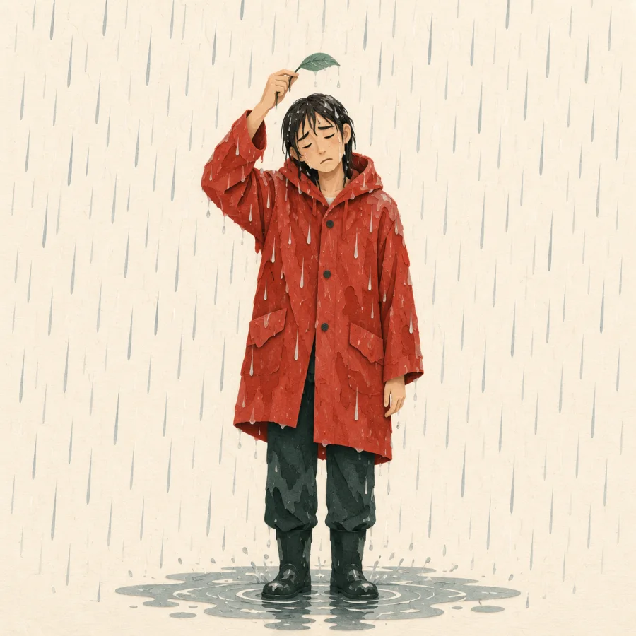 A soaked person in a downpour with a tiny leaf overhead