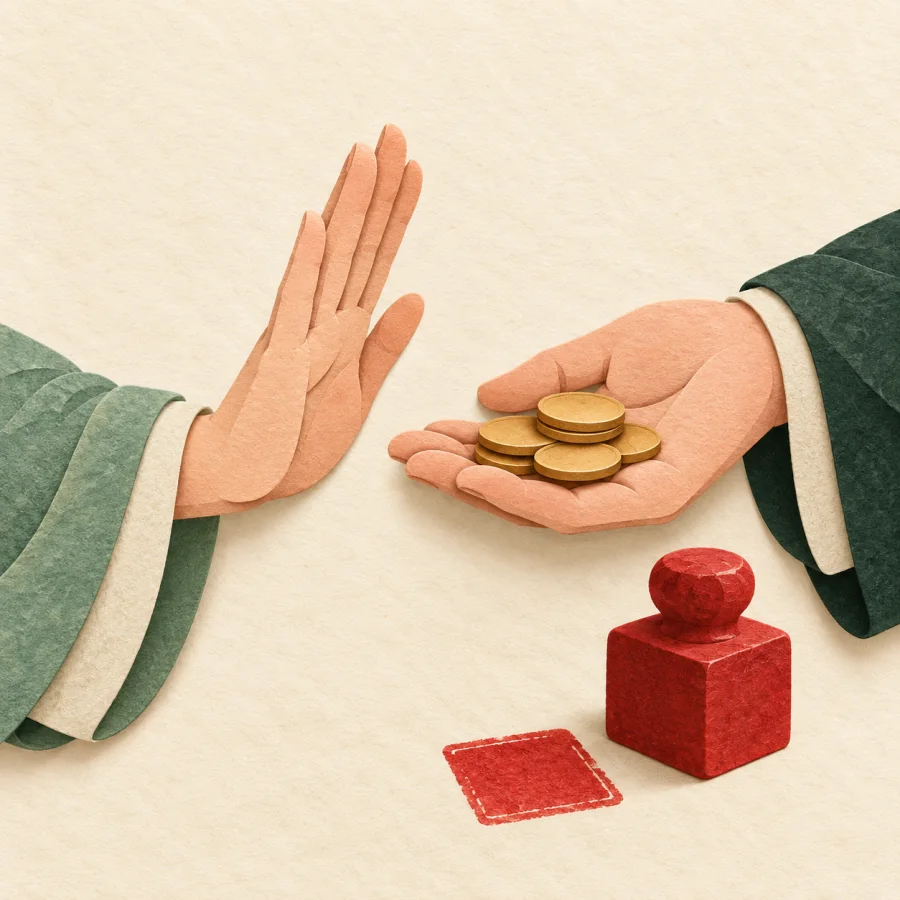 A hand gently pushes back coins beside a red seal