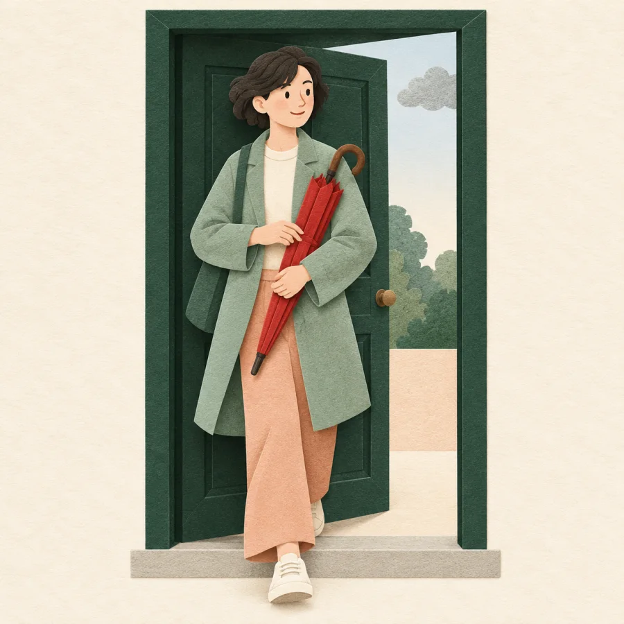 A person grabs a red umbrella by the door, a cloud outside