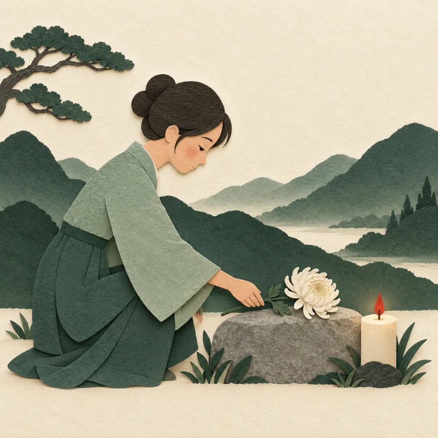A person lays a flower on a stone beside a candle