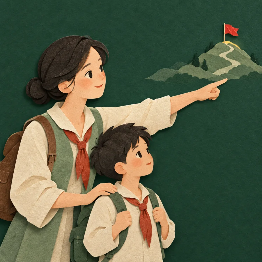 A teacher pats a student's shoulder and points to a flag on a hill