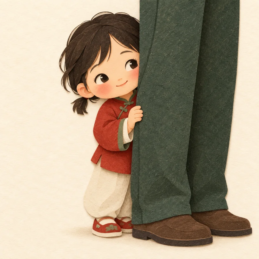 A shy child hides half behind a parent's leg