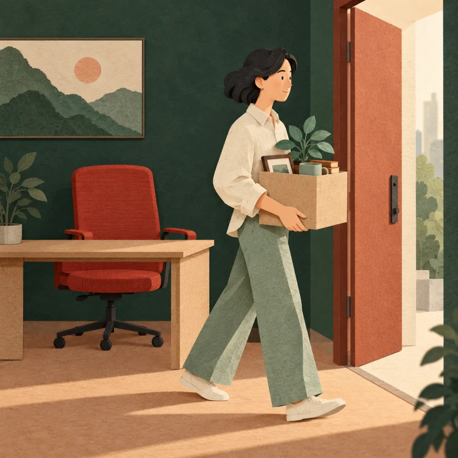 A person carries a box of belongings out of an empty office