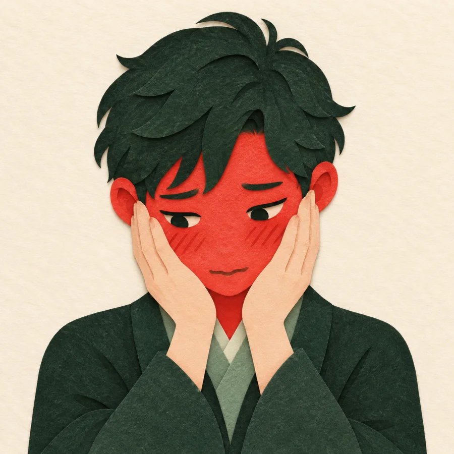 A person with a red face and ears covers their cheeks