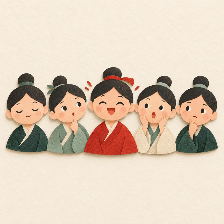 A row of round faces with different expressions, one in red