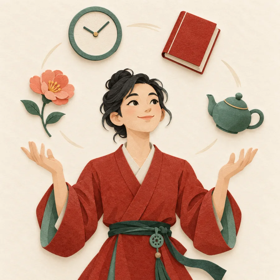 A person confidently juggles a clock, book, flower and teapot