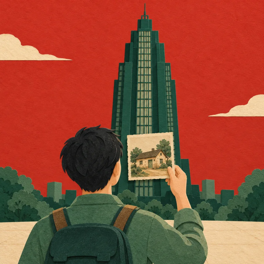 A person compares an old cottage photo with a tower in its place