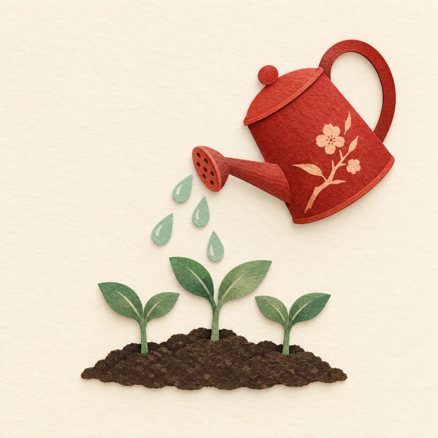 A row of small green seedlings under a watering can