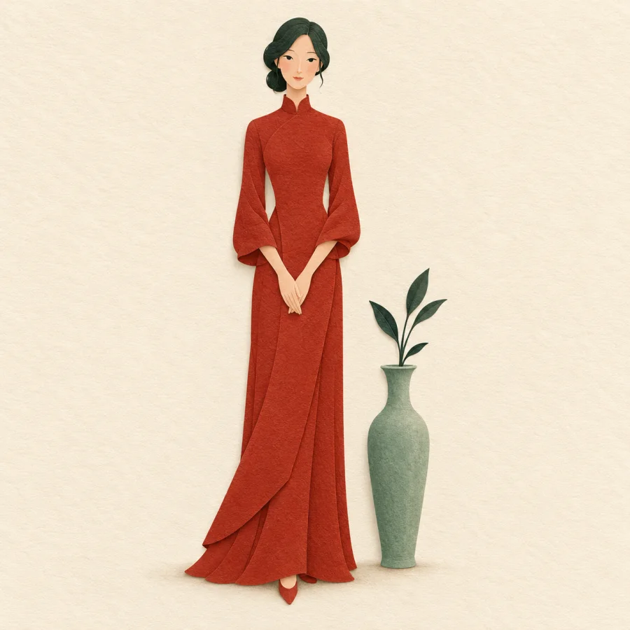 A slender person in a red dress beside a slim vase