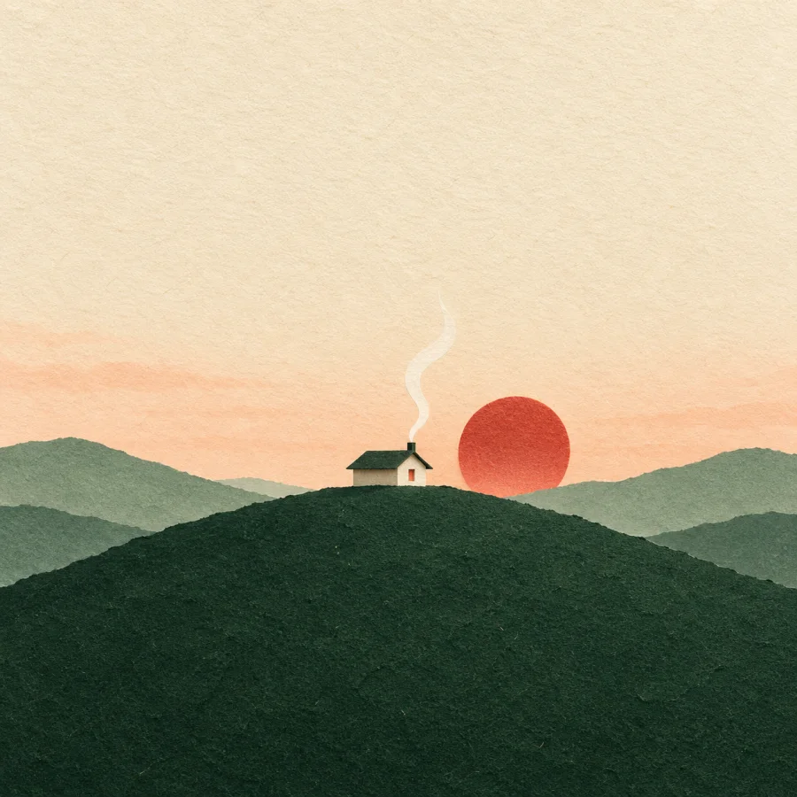 A first wisp of smoke rises over a distant tiny hut
