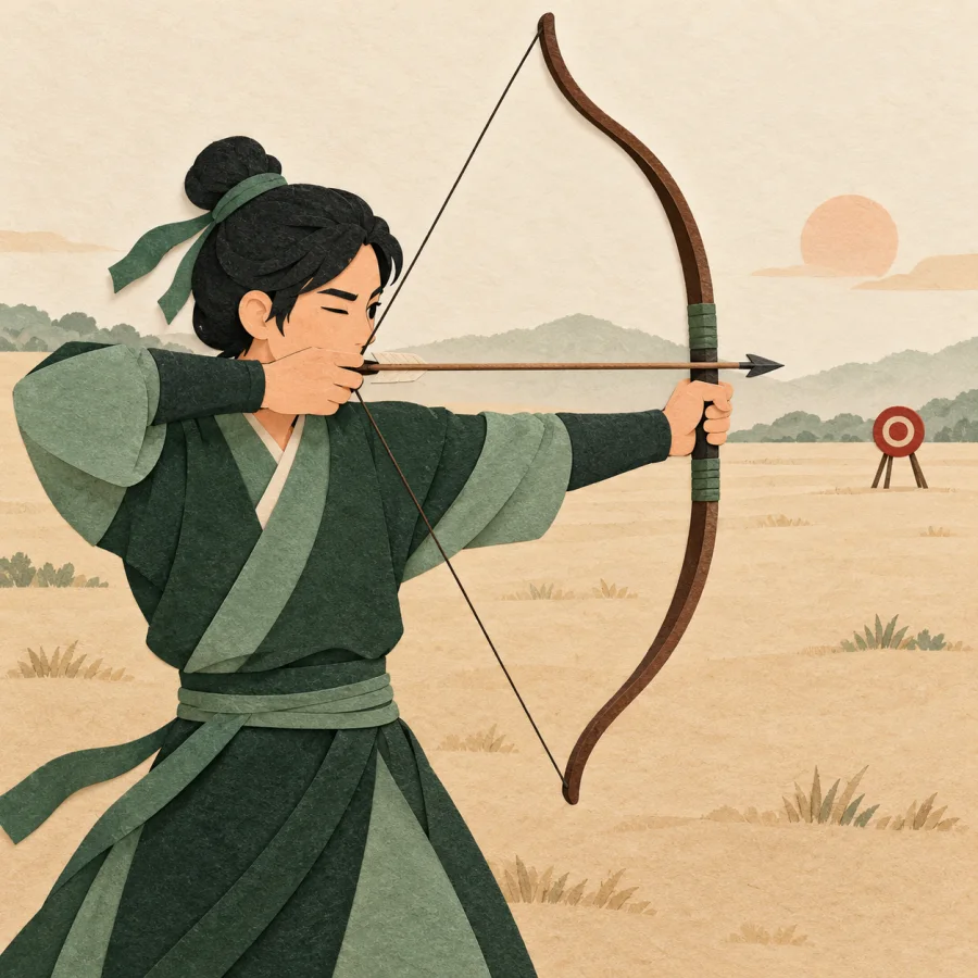 An archer aims at a distant red target on a sandy field
