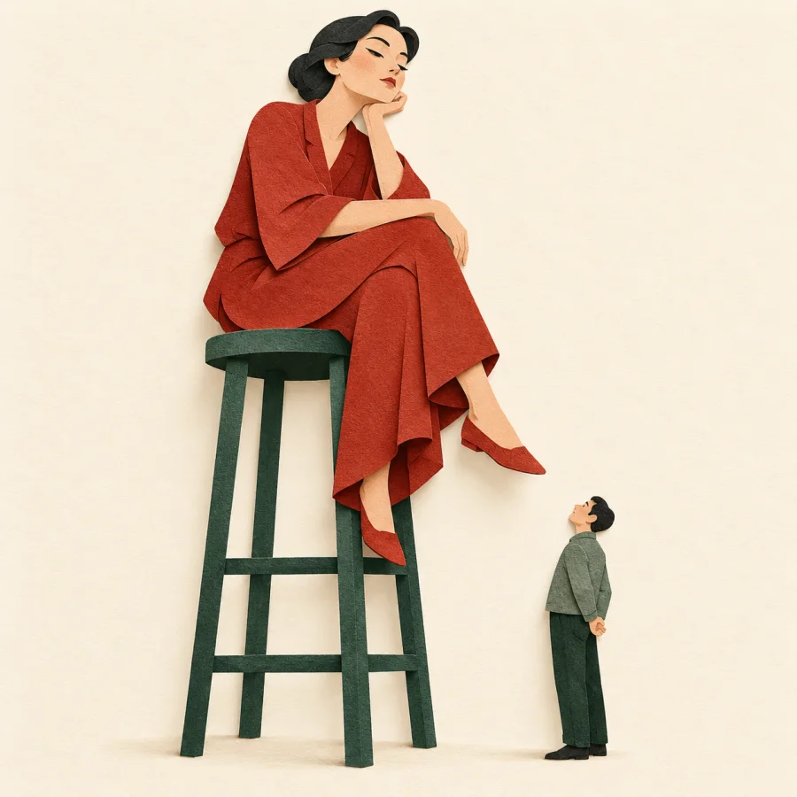 A person with a raised chin looks down at a tiny figure