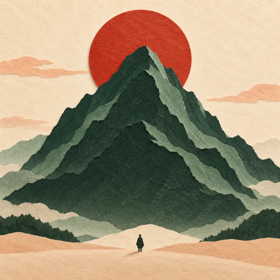 A tiny person at the foot of a huge mountain