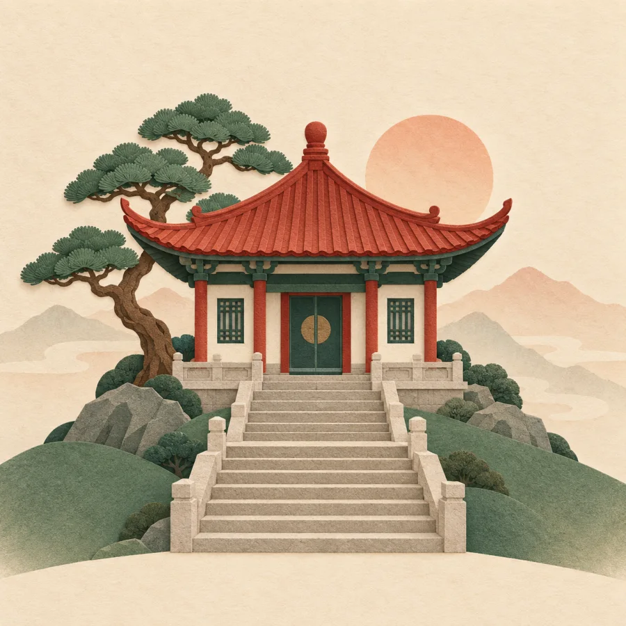 A small temple with a curved red roof on a hill