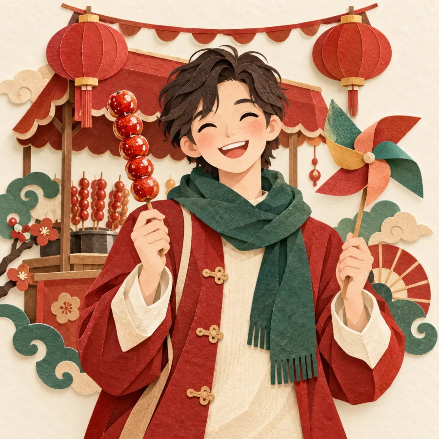 A person with candied fruit and a pinwheel at a fair stall