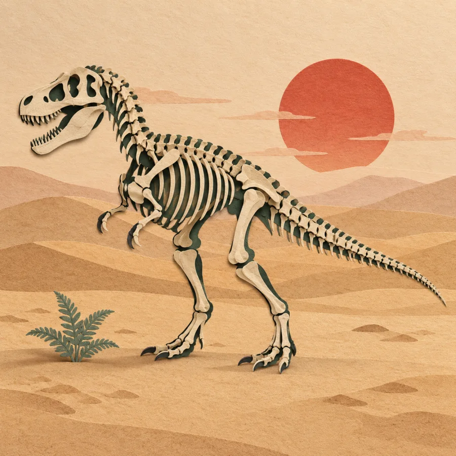A lone dinosaur skeleton in a desert beside a fern
