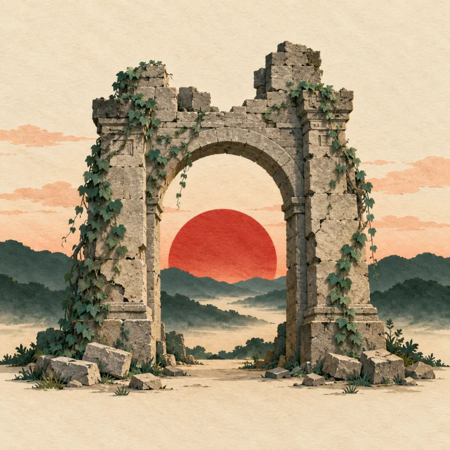 Ruined ancient gates covered in vines at sunset