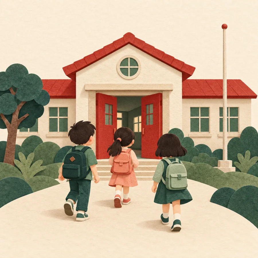 Three children with backpacks enter a small school building