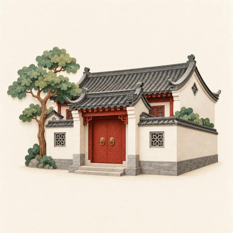 A house with white walls, grey tiles and a red door