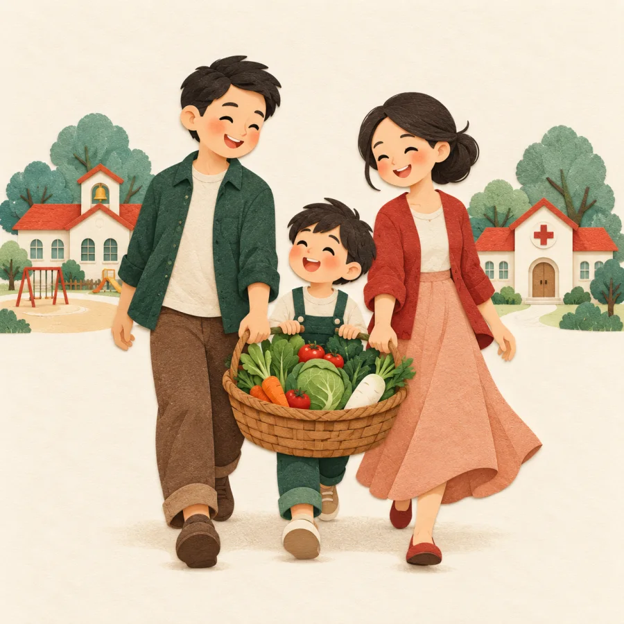 A family with a vegetable basket walks past a school and clinic