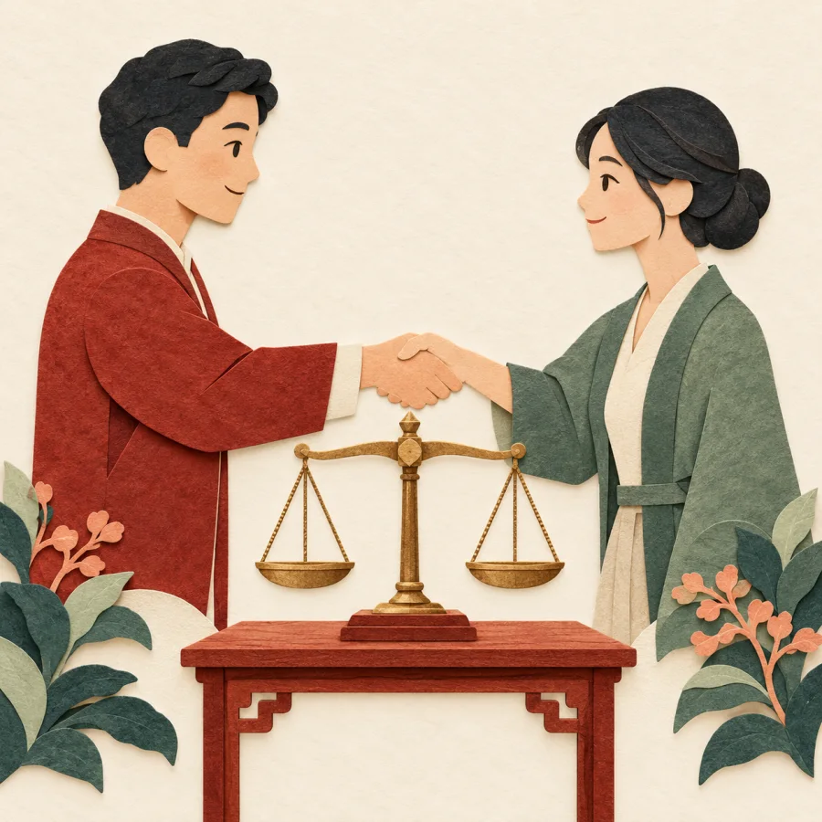 Balanced scales on a table between two people shaking hands