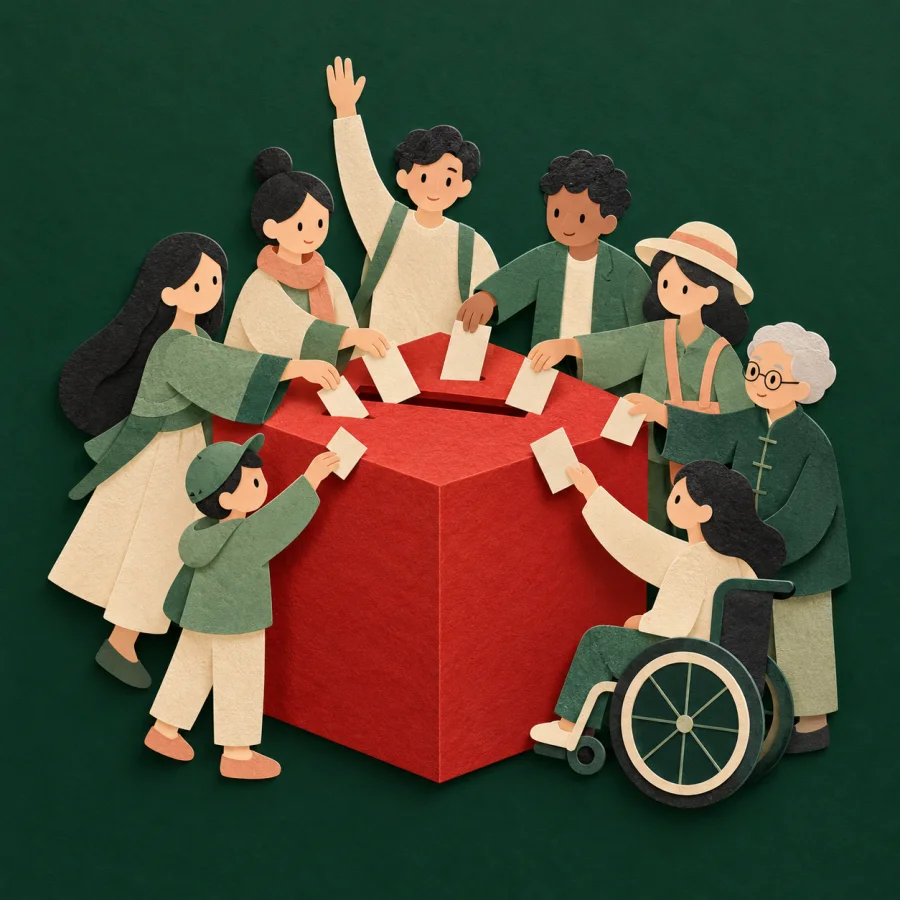 A crowd of small people drops slips into a big red box