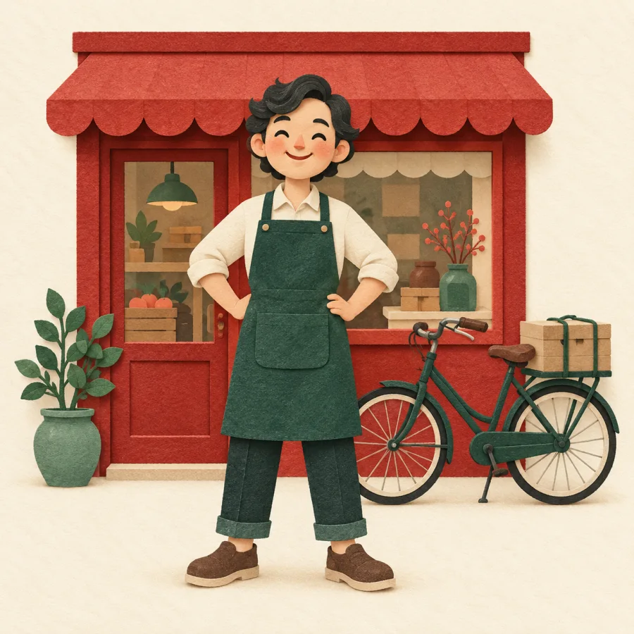 An owner in a green apron by his red shop and bicycle
