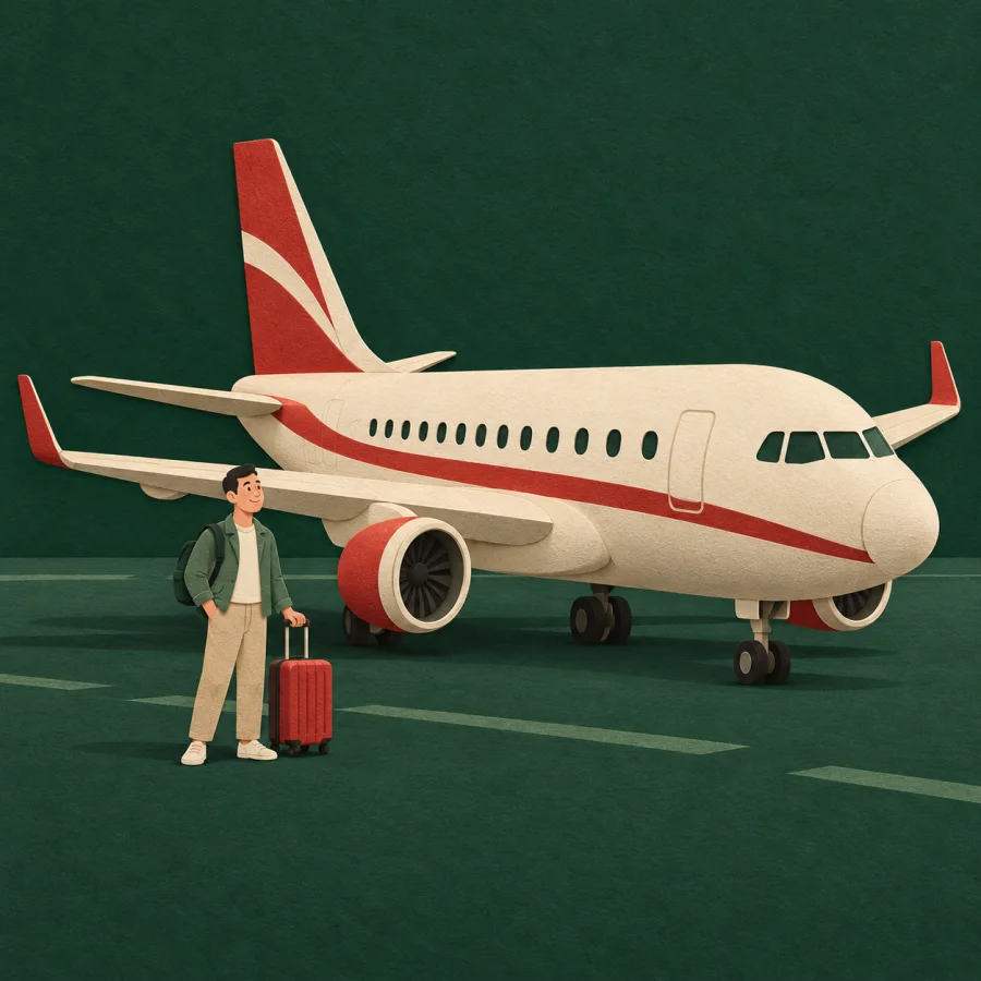 A passenger plane and a traveler with a suitcase on an airfield