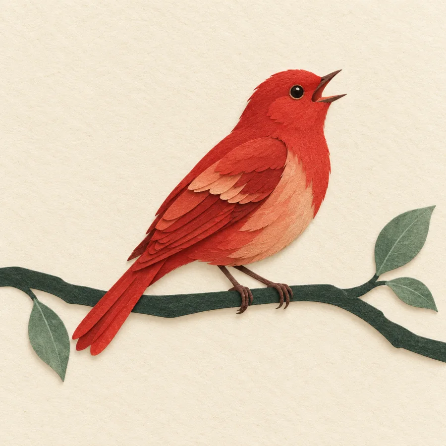 A red bird singing on a green branch