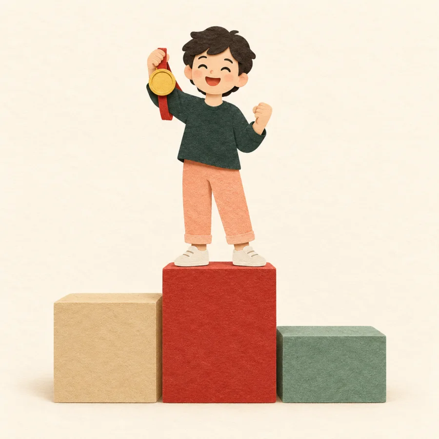A person on the tallest podium step with a medal