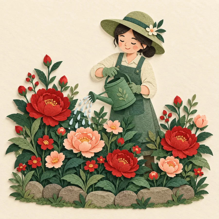 A gardener watering a blooming garden