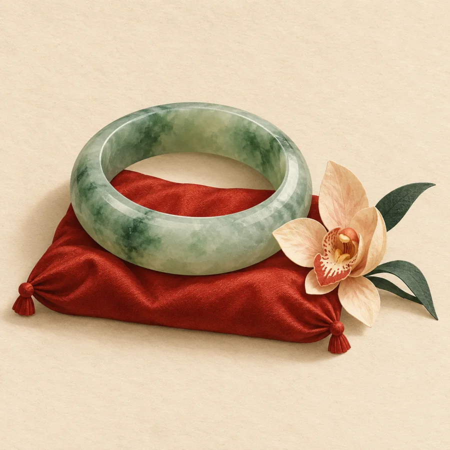 A jade bracelet on a red silk cushion
