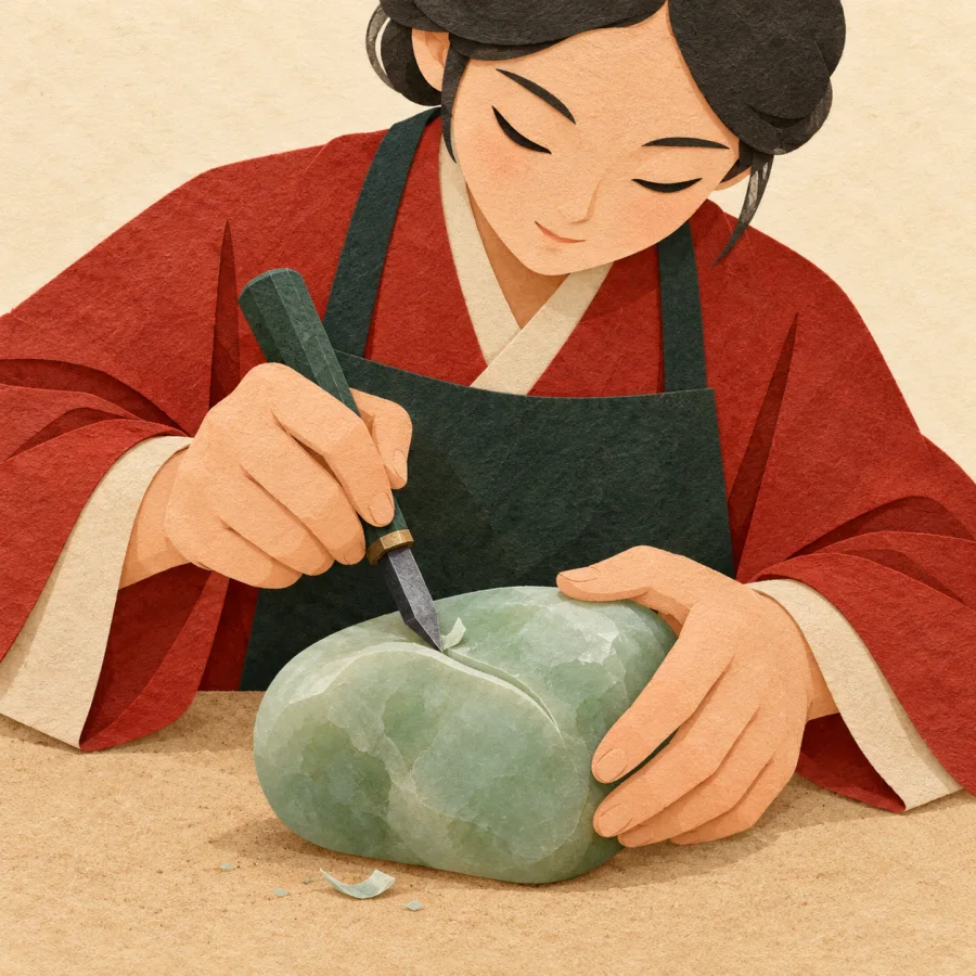 A person carving a line into a jade stone