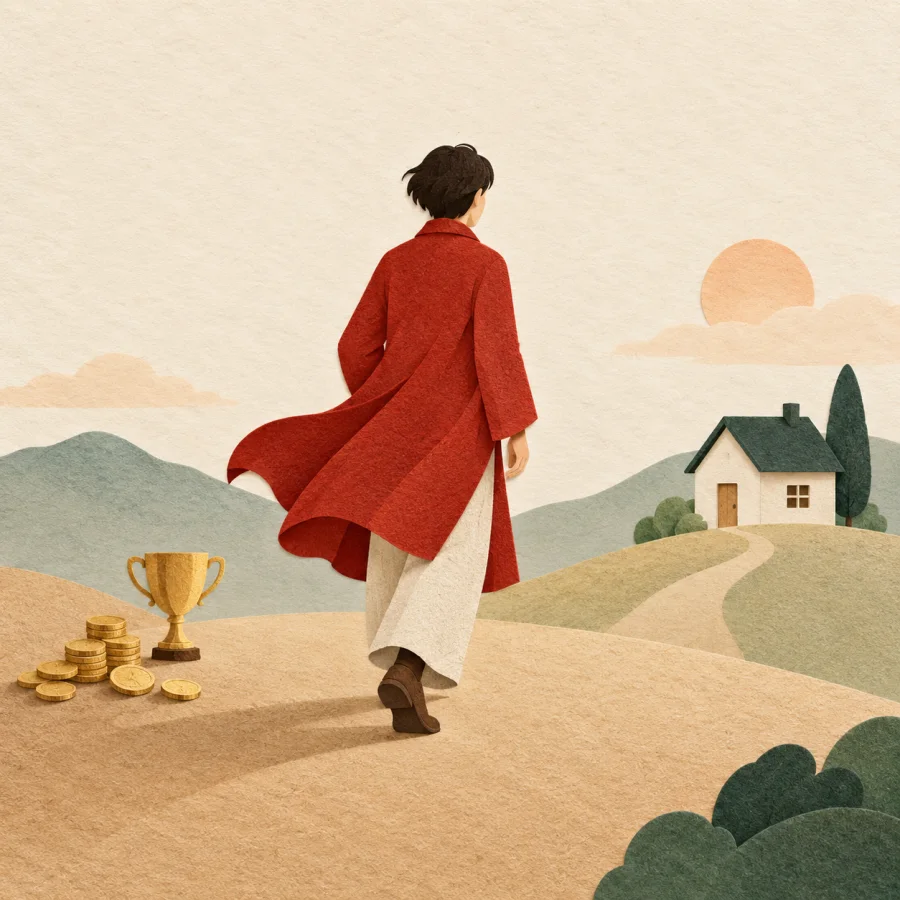 A person turning from coins and a trophy toward a cottage